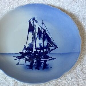 Blue and White Airbrushed Coupe Plate Jackson China 1965 Sailboat Pattern